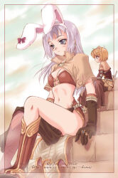 2girls animal_ears bad_id bikini bikini_top_only black_gloves blonde_hair boots breasts brown_bikini brown_boots brown_capelet brown_dress brown_skirt capelet cleavage closed_mouth dress elbow_gloves expressionless fake_animal_ears full_body gloves grey_eyes grey_hair long_hair mage_(ragnarok_online) medium_breasts midriff multiple_girls navel outdoors pelvic_curtain rabbit_ears ragnarok_online short_hair showgirl_skirt sitting skirt solo_focus swimsuit swordsman_(ragnarok_online) watermark web_address yano_takumi