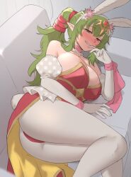 1girl alternate_costume animal_ears ass blush breasts cleavage commentary couch detached_collar ebinku embarrassed english_commentary fake_animal_ears fake_tail fire_emblem fire_emblem_awakening fire_emblem_heroes green_eyes green_hair highres huge_breasts leotard lying nintendo on_couch pantyhose playboy_bunny pointy_ears ponytail rabbit_ears rabbit_tail red_leotard seductive_smile smile solo strapless strapless_leotard tail thighs tiki_(adult)_(fire_emblem) tiki_(fire_emblem) white_pantyhose