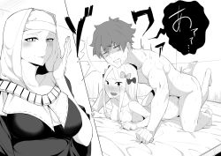 1boy 2girls abigail_williams_(fate) absurdres araki_jeccy blush bow breasts cleavage commentary fate/grand_order fate_(series) forehead fujimaru_ritsuka_(male) greyscale hair_bow hetero highres long_hair lying monochrome multiple_girls nipples nun on_bed on_stomach open_mouth panicking prone_bone sessyoin_kiara sex sex_from_behind small_breasts sweat teeth