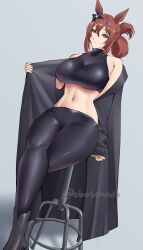 1girl absurdres animal_ears bare_shoulders black_boots black_bow black_coat black_pants black_shirt blue_eyes boots bow breasts brown_hair coat crop_top grey_background hair_bow highres horse_ears large_breasts leggings midriff navel obosounds off_shoulder pants shirt short_hair sitting sleeveless sleeveless_shirt solo stomach super_creek_(umamusume) thighs umamusume