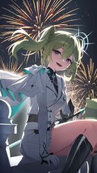 1girl absurdres aerial_fireworks aqua_gemstone arm_support armored_boots black_shirt boots breasts chico_(yuzuha_riko) collared_shirt commentary fireworks floating_hair gauntlets gem gloves green_eyes green_hair hair_between_eyes highres jacket light_blush long_hair long_sleeves looking_at_viewer medium_breasts multicolored_hair night night_sky on_railing open_mouth railing shirt single_gauntlet sitting sky smile solo stellive streaked_hair sword teeth thighs twintails two-sided_fabric two-sided_jacket virtual_youtuber weapon white_gloves white_jacket wing_collar yireh yuzuha_riko