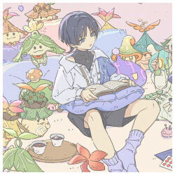 Rule 34 | 1boy, 1girl, alternate costume, aranara (genshin impact), black hair, black shirt, black shorts, blue shawl, blunt ends, book, border, coffee, collared shirt, covered collarbone, cup, dress, frilled skirt, frills, fungi (genshin impact), genshin impact, grey eyes, grey socks, hair ornament, holding, holding book, holding sewing needle, leaf, leaf hair ornament, long sleeves, looking at object, munya (pic), nahida (genshin impact), needle, notice lines, official alternate costume, open mouth, pillow, pincushion, pointy ears, raised eyebrow, reading, scaramouche (genshin impact), sewing, sewing needle, sewing pin, shawl, shirt, shorts, sidelocks, sitting, skin tight, skirt, slime (genshin impact), socks, stuffed toy, sugar cube, thread, tray, turtleneck, turtleneck shirt, wanderer (genshin impact), wanderer (wanderer impression) (genshin impact), white border, white dress, white hair, white shirt, white sleeves, white trim, wing collar