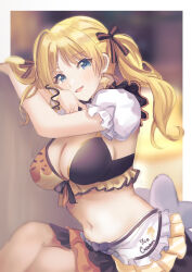 1girl absurdres ahoge arms_up bikini bikini_top_only blonde_hair blue_eyes breasts cleavage crossed_legs frills front-tie_top hachimiya_meguru highres idolmaster idolmaster_shiny_colors kevn large_breasts layered_skirt long_hair miniskirt navel open_clothes outside_border puffy_short_sleeves puffy_sleeves ribbon short_sleeves shrug_(clothing) sitting skirt smile solo swimsuit twintails wrist_ribbon