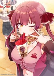 2girls a_horny_money_world_(houshou_marine) artist_name bare_shoulders bead_necklace beads black_choker black_skirt breasts bubble_tea_challenge choker cleavage commentary_request double_v drinking drinking_straw drinking_straw_in_mouth earrings grey_hair hair_ribbon heart heart_earrings heart_necklace hololive houshou_marine jewelry large_breasts light_blush long_hair looking_at_viewer midriff multiple_girls navel necklace one_eye_closed plaid_clothes plaid_skirt red_hair red_ribbon ribbon shirogane_noel shirogane_noel_(casual) short_hair skirt solo_focus torinokawori v virtual_youtuber yellow_eyes