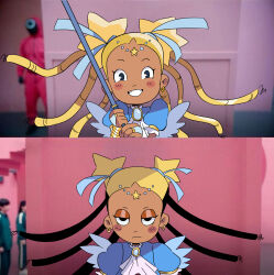 1girl absurdres aika_(kiana_mai) black_hair blonde_hair dark-skinned_female dark_skin dreadlocks dress highres holding holding_staff i_don&#039;t_want_to_be_a_magical_girl long_hair looking_at_viewer meme multicolored_hair scribbleguy6 solo squid_game staff star_guardian:_guardian_of_the_stars star_hair_bun two-tone_hair year_1_&amp;_year_2_(squid_game)_(meme)