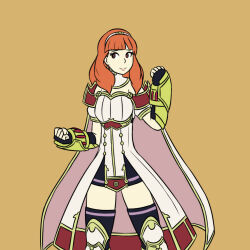 Rule 34 | 1girl, armor, armored boots, black gloves, black skirt, black thighhighs, boots, breastplate, celica (fire emblem), choker, dress, earrings, fighting stance, fingerless gloves, fire emblem, fire emblem echoes: shadows of valentia, gauntlets, gloves, jdrider02, jewelry, long hair, nintendo, orange eyes, orange hair, princess, red eyes, red hair, skirt, solo, thighhighs, tiara, white armor, white dress