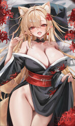 1girl absurdres animal_ear_fluff animal_ears black_kimono blonde_hair breasts cleavage detached_collar earrings fang flower flower_ornament fox_ears fox_girl fox_shadow_puppet fungi542 hair_between_eyes hair_intakes hanafuda_earrings highres huge_breasts japanese_clothes jewelry kimono lifting_own_clothes light_blush long_hair looking_at_viewer obi off_shoulder open_mouth original parted_bangs pink_nails pointy_ears red_eyes sash second-party_source sidelocks skin_fang smile solo spider_lily terumi_(kerinyan) very_long_hair