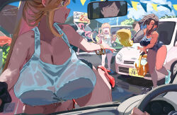 2boys 4girls against_glass ahoge armpits arms_up artist_name back banknote bare_shoulders black_hair blonde_hair blue_one-piece_swimsuit blue_shoes blue_shorts blue_sky blue_tank_top blunt_bangs blush blush_stickers bracelet breast_awe breast_press breasts breasts_on_glass brown_eyes bucket bush butterfly_hair_ornament car car_wash_(place) chibi chibi_inset cleavage cloud collarbone crocs dark-skinned_female dark_skin day dress english_text feet female_focus fence foot_up frilled_dress frills from_behind full_body gold_bracelet grass hair_ornament half-closed_eyes high_heels highres hill holding holding_bucket holding_money holding_sign holding_steering_wheel horizon huge_breasts japanese_text jewelry kneeling knees leaning_forward legs license_plate long_hair looking_at_another looking_back looking_to_the_side magister minami_aoba mole mole_on_breast mole_on_neck money motor_vehicle multiple_boys multiple_girls on_car one-piece_swimsuit open_mouth original outdoors outstretched_arm pandora_smith_(magister) parted_bangs parted_hair pennant pink_hair pointing pointing_at_another ponytail pov power_lines puddle rear-view_mirror red_heels reflection scrunchie shadow shirt shoelaces shoes short_hair short_shorts shorts side-view_mirror sideboob sidelocks sign sitting sky sleeveless sleeveless_shirt small_breasts smile sneakers soap sparkle sponge standing standing_on_one_leg steering_wheel straight-on straight_hair sweatdrop swimsuit t-shirt tank_top tareme thick_thighs thighs throwing toned toned_female tree v-shaped_eyebrows vehicle_interior very_long_hair washing_vehicle water watermark web_address wet wet_clothes wet_hair wet_swimsuit white_dress white_scrunchie white_shirt window wrist_scrunchie