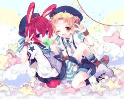 2boys :3 akutagawa_jirou animal_ears bad_id bad_pixiv_id blonde_hair boots brown_eyes blowing_bubbles rabbit_ears rabbit_tail candy chewing_gum fang food full_body hat highres horns male_focus marui_bunta moriyama_shijimi multiple_boys one_eye_closed purple_eyes red_hair sailor sailor_hat sheep shorts tail tennis_no_ouji-sama v