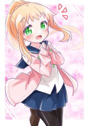 1girl artist_request black_pantyhose blonde_hair blue_sailor_collar blue_skirt blush collarbone dot_nose female_focus green_eyes highres inose_mai koisuru_asteroid long_hair long_sleeves looking_at_viewer open_mouth open_sweater pantyhose panythose pink_sweater ponytail sailor_collar school_uniform serafuku shirt skirt solo source_request sweater white_shirt