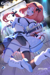 1girl absurdres alternate_costume artezahn artist_name asymmetrical_legwear bare_shoulders belt black_belt black_bow black_skirt black_thighhighs blue_eyes boots bow commentary contemporary copyright_name detached_sleeves english_commentary frilled_sleeves frilled_tube_top frills genshin_impact hair_bow highres holding holding_microphone idol jumping long_hair looking_at_viewer low_twintails microphone midriff navel nilou_(genshin_impact) open_mouth red_hair single_thighhigh skirt smile solo strapless thigh_strap thighhighs tube_top twintails water_drop white_boots white_tube_top