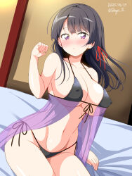 1girl bare_arms bed_sheet bikini black_bikini black_hair blush breasts cleavage collarbone covered_erect_nipples dated deego_(omochi_bazooka) hair_ribbon highres indoors large_breasts long_hair looking_at_viewer navel original parted_lips purple_eyes ribbon sidelocks signature sitting solo swimsuit thighs underboob yura_kanade