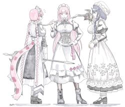 3girls :d alternate_costume animal_ears apron axe biscuitaart black_corset black_dress black_shoes blue_hair braided_sidelocks braided_twintails breasts corset dress highres holding holding_axe holding_scythe hololive hololive_english large_breasts long_hair looking_to_the_side maid maid_apron maid_headdress mori_calliope multiple_girls official_alternate_costume official_alternate_hairstyle open_mouth ouro_kronii ouro_kronii_(maid) over_shoulder panther_ears panther_girl panther_tail pink_hair raora_panthera scythe shoes smile tail tower_of_god very_long_hair virtual_youtuber weapon weapon_over_shoulder