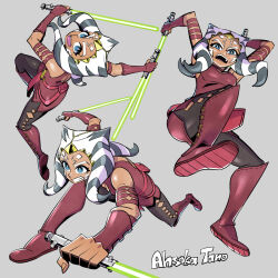 1girl ahsoka_tano alien bare_shoulders belt_pouch blue_eyes boots bracer bright_pupils character_name clenched_teeth dual_wielding dynamic_pose energy_sword facial_mark facial_tattoo holding holding_sword holding_weapon incoming_attack lightsaber looking_at_viewer multiple_views open_mouth pouch red_footwear reverse_grip sleeveless star_wars star_wars:_the_clone_wars sunafuki_tabito sword tattoo teeth tentacle_hair weapon