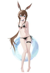 1girl absurdres amiya_(arknights) animal_ears aqua_collar aqua_eyes arknights bikini black_bikini blush breasts brown_hair chinese_commentary collar collarbone commentary full_body groin hair_between_eyes highres innertube liaozhaimao2007 long_hair looking_at_viewer medium_breasts navel parted_lips ponytail side-tie_bikini_bottom simple_background solo standing swim_ring swimsuit very_long_hair white_background
