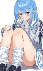 1girl :/ absurdres aran_sweater black_shoes blue_eyes blue_hair blue_nails blush cable_knit cardigan closed_mouth commentary full_body grey_cardigan highres hololive hoshimachi_suisei hoshimachi_suisei_(school_uniform) knees_to_chest knees_up loafers long_hair long_sleeves looking_at_viewer loose_socks miniskirt mino_(miiiinon611) nail_polish official_alternate_costume panties pantyshot pleated_skirt sailor_collar school_uniform shoes sidelocks simple_background sitting skirt sleeves_past_wrists socks solo star_(symbol) star_in_eye sweater symbol_in_eye underwear virtual_youtuber white_background white_panties white_sailor_collar