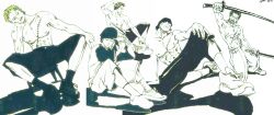 1boy abs absurdres arm_up baggy_pants bandana collarbone commentary earrings elbow_rest full_body head_rest highres holding holding_sword holding_weapon jewelry katana knees_up monochrome multiple_views on_one_knee one_eye_closed one_piece pants pectorals qing_han_geng_(sunwind9426) roronoa_zoro scar scar_across_eye scar_on_chest scar_on_face short_hair shorts sitting sword toned toned_male topless_male weapon white_background