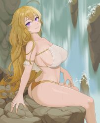 1girl ahoge ass breasts butt_crack closed_mouth commentary cropped_legs day english_commentary highres large_breasts long_hair outdoors purple_eyes rock rwby sideboob sitting smile solo swimsuit wangxiii water waterfall wet yang_xiao_long