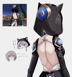 2girls animal_hood back backless_leotard black_leotard blue_eyes cat_girl cat_hood cipher_(honkai:_star_rail) commentary_request from_behind game_screenshot_inset grey_hair head_only highres honkai:_star_rail honkai_(series) hood leotard multiple_girls nemuii15_oo reference_inset short_hair_with_long_locks simple_background stelle_(honkai:_star_rail) trailblazer_(honkai:_star_rail) white_background yellow_eyes