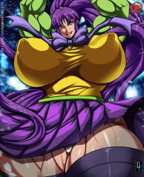 1girl absurdres arms_up breasts covered_erect_nipples curvy eiken female_focus highres huge_breasts long_hair looking_at_viewer matching_hair/eyes misono_kirika muscular muscular_female osmar-shotgun panties pantyshot ponytail purple_eyes purple_hair solo thick_thighs thighhighs thighs underwear upskirt wide_hips