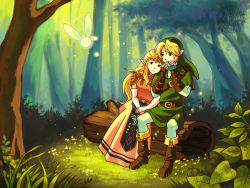 1boy 1girl aquanut black_eyes blonde_hair earrings gloves green_hat hat instrument jewelry leaning_on_person link long_hair nature navi nintendo ocarina pointy_ears princess_zelda sitting smile the_legend_of_zelda the_legend_of_zelda:_ocarina_of_time tiara watermark white_legwear