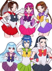 Rule 34 | 6+girls, asamiya athena, black hair, blue hair, brown eyes, brown hair, cosplay, female focus, hair ornament, highres, kagura chizuru, kula diamond, leona heidern, matching hair/eyes, multiple girls, one eye closed, psycho soldier, purple hair, sailor moon, sailor moon (cosplay), sailor senshi uniform, school uniform, shiranui mai, star (symbol), star hair ornament, the king of fighters, the king of fighters xv, wink, yuri sakazaki