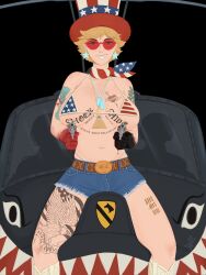 Rule 34 | 1girl, absurdres, american flag, american flag bikini, american flag print, arm tattoo, bandana, bandana around neck, bikini, blonde hair, blue eyes, blue shorts, breast tattoo, breasts, cross, cross necklace, denim, denim shorts, dog tags, dual wielding, eagle tattoo, earrings, flag print, flag print bikini, fourth of july, gun, handgun, hat, highres, holding, holding gun, holding weapon, jewelry, large breasts, leg tattoo, looking at viewer, necklace, original, print bandana, print bikini, print hat, red-tinted eyewear, revolver, sanstitre2000, short hair, short shorts, shorts, solo, star (symbol), star earrings, swimsuit, tattoo, tinted eyewear, top hat, weapon