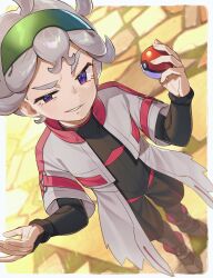 Rule 34 | 1boy, absurdres, bede (pokemon), bede (sygna suit) (pokemon), bodysuit, bodysuit under clothes, border, coat, dutch angle, grey hair, highres, holding, holding poke ball, nintendo, official alternate costume, outside border, poke ball, poke ball (basic), pokemon, pokemon masters ex, purple eyes, smug, solo, standing, white border, white coat, yupiteru