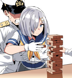 Rule 34 | 1boy, 1girl, admiral (kancolle), belko, black hair, blue eyes, breasts, clenched teeth, commentary request, expressionless, gloves, grabbing another&#039;s breast, grabbing from behind, grey hair, groping, hair ornament, hair over one eye, hairclip, hamakaze (kancolle), hat, hetero, highres, jenga, kantai collection, large breasts, long sleeves, military, military uniform, naval uniform, neckerchief, sailor collar, school uniform, serafuku, shaded face, short hair, short sleeves, simple background, sweat, teeth, white background, white gloves, white hat, yellow neckerchief