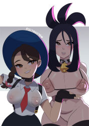 2girls absurdres aged_up alternate_breast_size animal_print arm_up arms_behind_back artist_name backpack bag bikini bikini_top_only black_hair black_thighhighs blue_headwear blush braid breasts brown_eyes brown_hair choker cleft_of_venus covered_erect_nipples cow_print cow_print_collar cowboy_shot dendra_(pokemon) embarrassed female_focus grin hand_up hat high_ponytail highres huge_breasts impossible_clothes impossible_shirt juliana_(pokemon) large_breasts legs_together long_hair looking_afar looking_at_another looking_to_the_side looking_up multiple_girls naughty_face neck_bell necktie nintendo nipples outstretched_hand pokemon pokemon_sv ponytail postblue98 presenting red_necktie shirt short_hair short_sleeves sidelocks simple_background single_braid skirt smile standing swimsuit teeth thick_thighs thighhighs thighs transparent_bikini uncensored white_shirt wide_hips