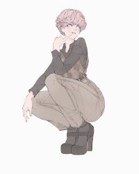 1girl belt black_belt black_shirt black_shoes blue_eyes brown_pants brown_sweater_vest collarbone collared_shirt commentary elliemaplefox finger_to_mouth full_body highres looking_to_the_side looking_up mole mole_under_eye original pants parted_lips pink_hair pink_nails shirt shoes short_hair simple_background smile solo squatting sweater_vest symbol-only_commentary white_background