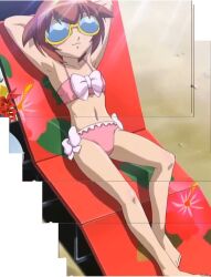 1girl :3 ahoge amano_madoka anime_screenshot armpits arms_behind_head barefoot beach beach_chair beyblade bikini blue_eyes bow bow_bikini brown_hair child collarbone fanservice feet female_focus flat_chest full_body goggles hair_between_eyes hair_flaps highres knee_up legs medium_hair midriff navel neck official_alternate_costume outdoors pink_bikini sidelocks soles spaghetti_strap stitched stomach summer sunbathing sunlight swimsuit thighs third-party_edit toenails toes
