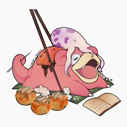 absurdres animal animal_on_head arelvab artist_name book chopsticks closed_eyes dead_animal fish_(food) food gen_1_pokemon gift_art highres holding holding_chopsticks holding_with_chopsticks nintendo no_humans octopus on_head open_mouth pokemon pokemon_(creature) pokemon_focus sashimi seaweed simple_background slowpoke sushi takoyaki white_background