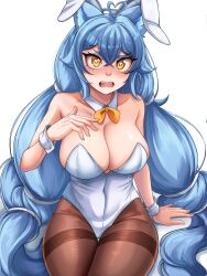 Rule 34 | 1girl, ahoge, animal ear fluff, animal ear hairband, animal ears, arm support, bare shoulders, blue hair, blush, bow, bowtie, breasts, bright pupils, cat ears, cat girl, cleavage, collar, collarbone, commentary, covered navel, cowboy shot, crossed bangs, detached collar, dilan griz, double-parted bangs, english commentary, fake animal ears, hair between eyes, hair tie, hairband, hand on own chest, hand up, heart, heart-shaped pupils, heart ahoge, highres, indie virtual youtuber, large breasts, leotard, long hair, looking at viewer, open mouth, pantyhose, peanut mouth, playboy bunny, rabbit ear hairband, rabbit ears, second-party source, simple background, solo, strapless, strapless leotard, symbol-shaped pupils, teeth, thighband pantyhose, tsuki tyan, upper teeth only, very long hair, virtual youtuber, white background, white collar, white hairband, white leotard, white pantyhose, white pupils, white wrist cuffs, wrist cuffs, yellow bow, yellow bowtie, yellow eyes