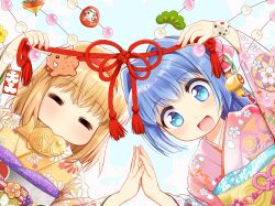 2019 2girls :d ^_^ absurdres arm_up blue_eyes blue_hair blush bow brown_hair cherry_blossom_print closed_eyes commentary_request dated day dice eyelashes fingernails floral_print food food_in_mouth from_below hair_between_eyes hair_bow hair_intakes hair_ornament hands_up happy headband highres holding holding_hands holding_tassel interlocked_fingers japanese_clothes kanon kanzashi kimono long_hair looking_at_viewer looking_down medium_hair minase_nayuki morishima_petit multiple_girls new_year open_mouth outdoors pink_bow pink_kimono purple_sash red_headband sash second-party_source smile straight_hair taiyaki tassel tsukimiya_ayu wagashi yellow_kimono yellow_sash yukata