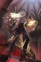1boy 1girl arm_strap ass back bare_shoulders black_gloves black_horns black_pants black_shoes black_tail blonde_hair chromatic_aberration commentary curled_horns earrings electricity fire flame-tipped_tail from_behind gloves greatsword high_heels highres holding holding_sword holding_weapon horns indoors jewelry key_earrings long_hair looking_at_viewer mouth_hold necktie necktie_around_wrists oiro_ik pants red_eyes red_necktie shirt shirt_tucked_in shoes shoulder_blades stepped_on sword tacet_mark_(wuthering_waves) tail torn_clothes torn_shirt weapon white_shirt wuthering_waves zani_(wuthering_waves)