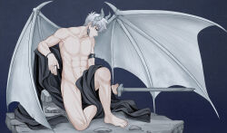 1boy abs absurdres alternate_costume armlet barefoot blue_background blue_eyes bracelet closed_mouth collarbone convenient_censoring crack demon_boy demon_horns demon_wings dsarl995595 earrings fingernails full_body gradient_background groin highres holding holding_sword holding_weapon horns jewelry knee_up looking_to_the_side lu_guang lu_guang_(devil) male_focus multiple_horns muscular navel nipples nude on_one_knee pectorals ribs ring rock rubble shiguang_dailiren short_hair simple_background sitting solo sword toenails toned toned_male unworn_clothes weapon white_hair white_wings wings