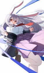 1girl absurdres animal_ears black_jacket breasts brown_shoes closed_mouth highres hirachill16 jacket jacket_partially_removed leg_up long_hair long_sleeves looking_at_viewer medium_breasts necktie purple_hair purple_skirt rabbit_ears rabbit_girl red_eyes red_necktie reisen_udongein_inaba shirt shoes skirt smile socks solo touhou white_background white_shirt white_socks