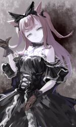 Rule 34 | 1girl, agnes digital (umamusume), animal ears, black bow, black choker, black corset, black dress, black gloves, blue eyes, bow, choker, closed mouth, commentary request, corset, dress, frilled dress, frills, gloves, goth fashion, hair bow, half-closed eyes, highres, horse ears, horse girl, inishie kumo, lace, lace gloves, long hair, looking at viewer, muted color, off-shoulder dress, off shoulder, pink hair, smile, solo, two side up, umamusume