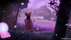 Rule 34 | 2girls, absurdres, architecture, artist name, bamboo, bamboo forest, black hair, blonde hair, bow, building, commentary, detached sleeves, dress, east asian architecture, eientei, falling petals, forest, from behind, gohei, grass, hair bow, hakurei reimu, hat, highres, holding, holding gohei, holding umbrella, long hair, mob cap, multiple girls, nature, outdoors, parasol, petals, purple tabard, red bow, red skirt, red vest, shokaifirme, skirt, sky, tabard, touhou, umbrella, very long hair, vest, white dress, white hat, white sleeves, yakumo yukari