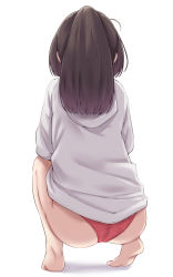 1girl absurdres akizuki_(kancolle) ass barefoot black_hair from_behind full_body highres hood hoodie kantai_collection kiritto long_hair long_sleeves no_pants panties ponytail red_panties simple_background solo underwear white_background white_hoodie