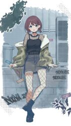 Rule 34 | 1girl, absurdres, against wall, black camisole, black shoes, blue eyes, brown hair, camisole, character name, choker, commentary request, fishnet pantyhose, fishnet top, fishnets, girls band cry, green jacket, grey skirt, group name, hair ornament, hairclip, highres, iseri nina, jacket, jewelry, kuji (orca9ji), leaning, looking at viewer, low twintails, nail polish, necklace, off shoulder, pantyhose, red choker, red nails, shoes, short hair, short twintails, skirt, solo, tongue, tongue out, twintails