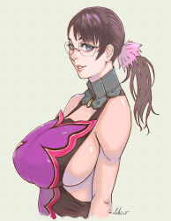 Rule 34 | 1girl, a ichiro, artist name, bare shoulders, breasts, brown hair, cattleya (queen&#039;s blade), commentary request, cropped torso, glasses, green eyes, hair ornament, large breasts, long hair, looking at viewer, mature female, queen&#039;s blade, signature, sleeveless, smile, solo, weapon merchant cattleya