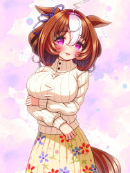 Rule 34 | 1girl, :3, @ @, ahoge, animal ears, blush, bow, breasts, brown hair, casual, commentary request, cowboy shot, crossed arms, ear ribbon, floral print skirt, hair between eyes, highres, horse ears, horse girl, horse tail, large breasts, long sleeves, looking at viewer, meisho doto (umamusume), multicolored hair, official alternate costume, open mouth, purple eyes, purple ribbon, ribbed sweater, ribbon, short hair, simple background, skirt, smile, solo, streaked hair, sugimotty nova, sweater, tail, turtleneck, turtleneck sweater, umamusume, white hair, white sweater, yellow skirt