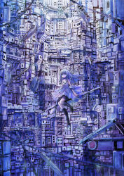 1girl building dress original industrial_pipe scenery shoes sitting sonidoriy window
