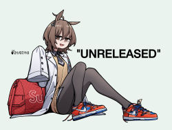 1girl absurdres agnes_tachyon_(umamusume) ahoge alternate_earwear alternate_footwear animal_ears bag black_necktie black_pantyhose brown_hair collared_shirt commentary dated duffel_bag english_commentary english_text green_background highres horse_ears horse_girl lab_coat long_sleeves looking_at_viewer necktie neonfloyd nike_(company) nike_dunk pantyhose red_fox shirt shoes short_necktie simple_background sitting sleeves_past_fingers sleeves_past_wrists sneakers solo sweater umamusume yellow_sweater