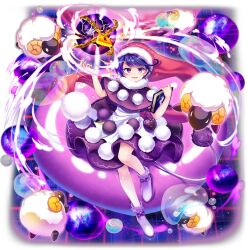 1girl book boots bow capelet chain doremy_sweet dream_soul dress footwear_bow full_body game_cg hat highres holding holding_book lock looking_at_viewer multicolored_dress nightcap official_art open_mouth pom_pom_(clothes) purple_boots purple_bow purple_eyes purple_hair red_hat rotte_(1109) sheep short_hair smile solo tail tapir_tail third-party_source touhou touhou_lostword transparent_background white_dress