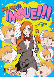 &gt;:( 1boy 1girl :d artist_name bleach blush breasts brown_eyes brown_hair character_name clenched_hands collared_shirt commentary cover cowboy_shot curvy donut embarrassed english_commentary fake_cover floating_hair food frown furrowed_brow ganbare!_nakamura-kun!! green_jacket grey_skirt hands_up heart highres inoue_orihime jacket kon_(bleach) kurosaki_ichigo large_breasts long_hair long_sleeves looking_at_viewer looking_to_the_side miniskirt open_mouth orange_hair parody parted_bangs pleated_skirt profile rozuberry school_uniform shirt short_hair simple_background skirt smile spiked_hair sweat teeth thighhighs upper_teeth_only v-shaped_eyebrows white_shirt white_thighhighs wide-eyed zettai_ryouiki