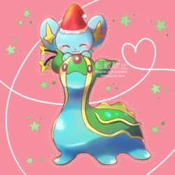 blush_stickers bright_pupils closed_eyes closed_mouth clothed_pokemon commentary_request gastrodon gastrodon_(east) gen_4_pokemon harumori_kou hat heart looking_up nintendo no_humans on_head pokemon pokemon_(creature) pokemon_on_head santa_hat shinx smile star_(symbol) twitter_username watermark white_pupils