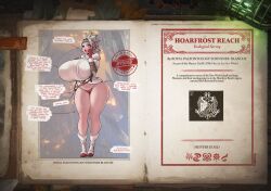 1girl bare_legs boots breasts character_profile coat curvy english_text full_body fur_trim gigantic_breasts gloves headband highres huge_breasts monster_hunter_(series) open_mouth red_gloves solo spiked_hair standing the_kite thick_thighs thighs white_coat white_hair wide_hips
